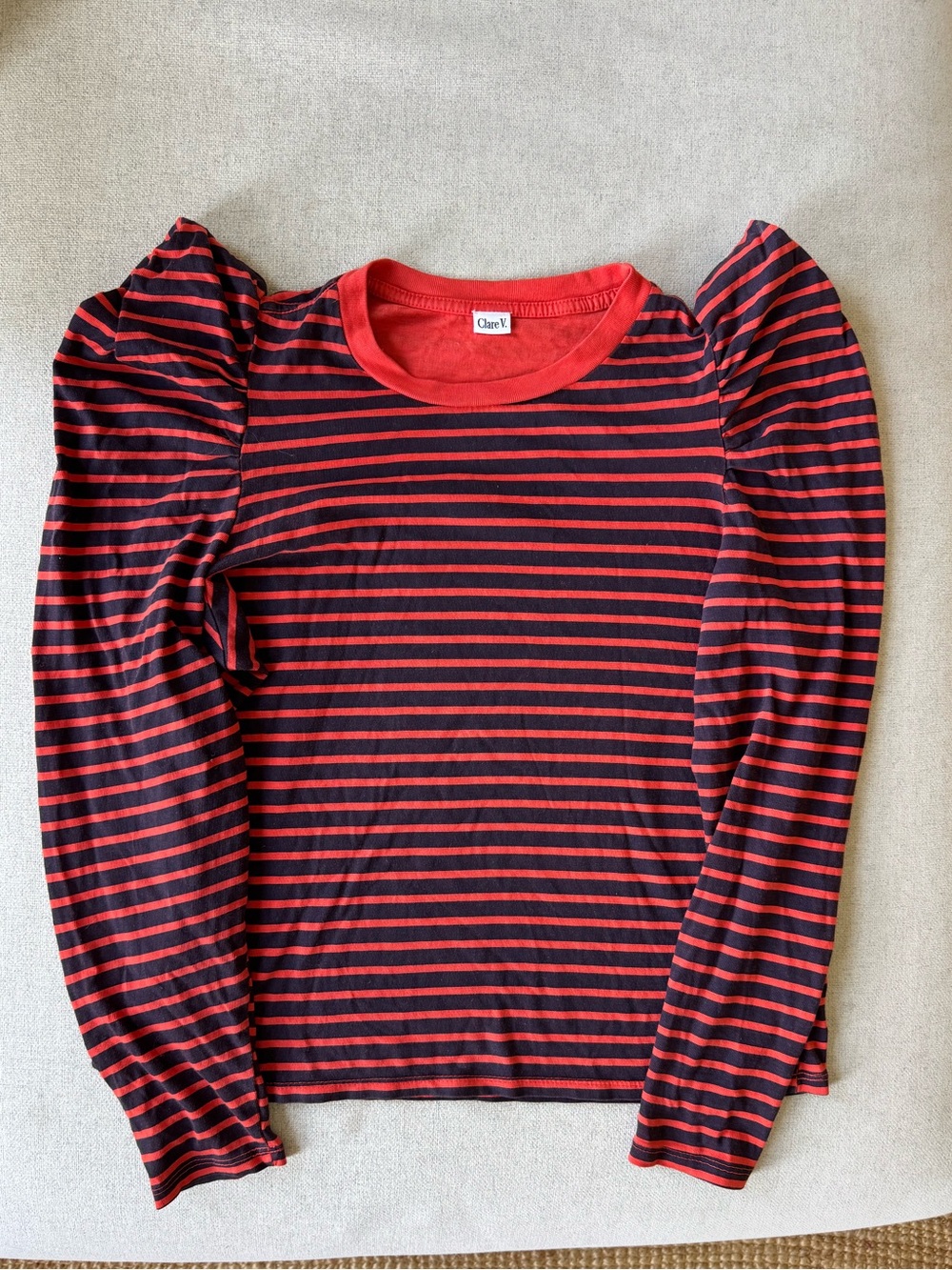 Clare V Black & Red Striped Puff-Sleeve Long Sleeve Tee